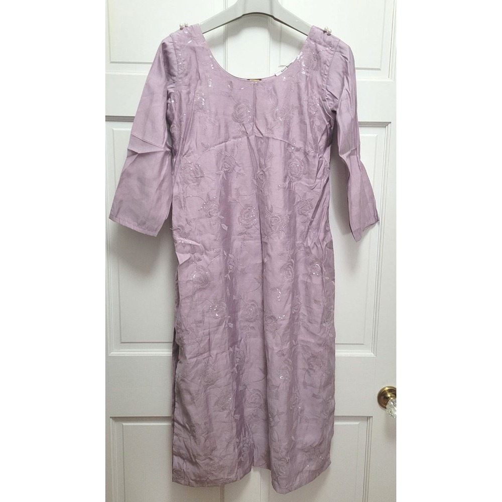 Hariom Women's 3pc Silk Blend Sequin Long Kurta Set w/ Dupatta - Lavender - XL